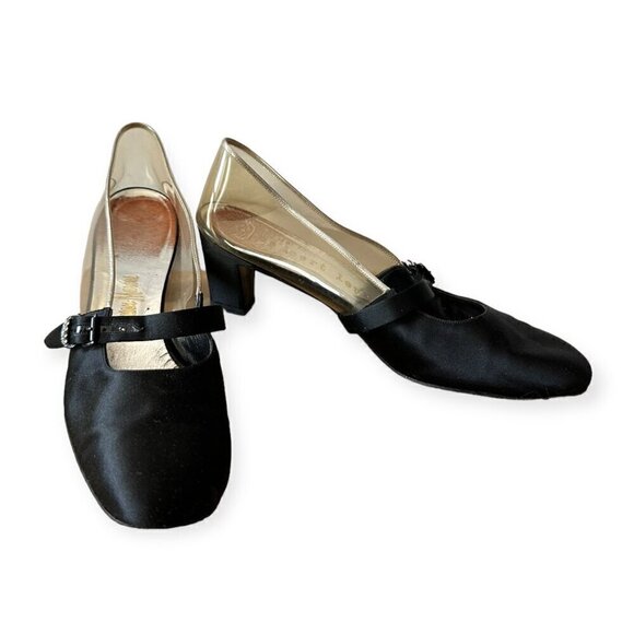 Vintage 60s Herbert Levine Mod Black Satin Clear‎ Vinyl Pumps, Size 7.5 AA - Picture 2 of 14